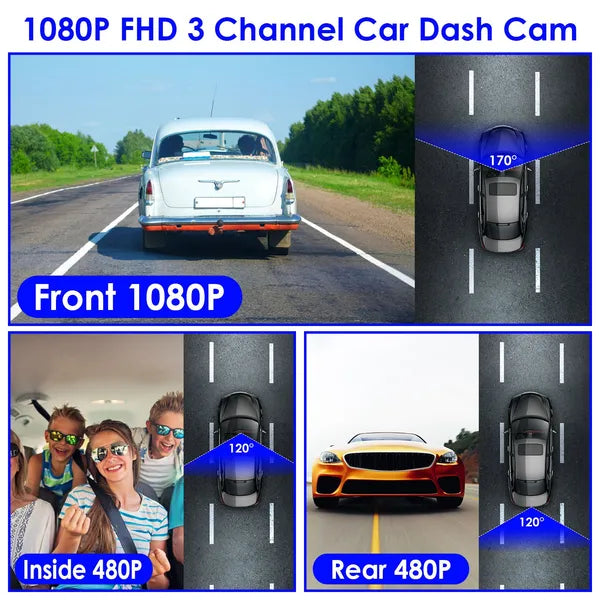 1080P FUD 3 Channel WiFi Dash Cam 170° Wide Angle