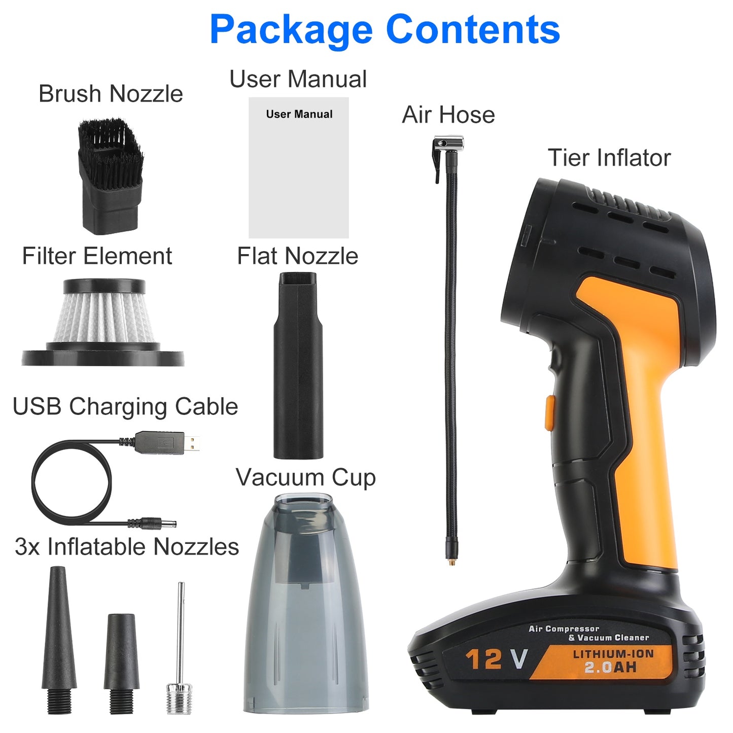 1Pc 4 In 1 Cordless Car Vacuum Cleaner And Tire Inflator With LED Light