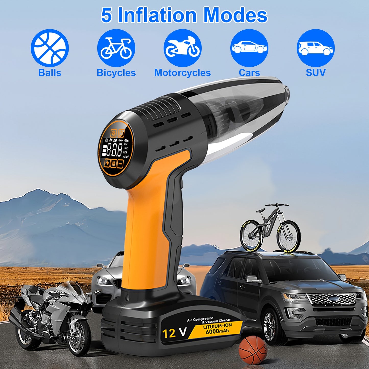 1Pc 4 In 1 Cordless Car Vacuum Cleaner And Tire Inflator With LED Light