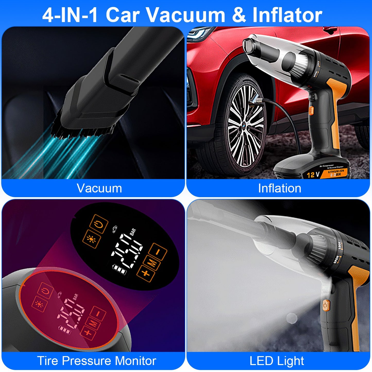 1Pc 4 In 1 Cordless Car Vacuum Cleaner And Tire Inflator With LED Light
